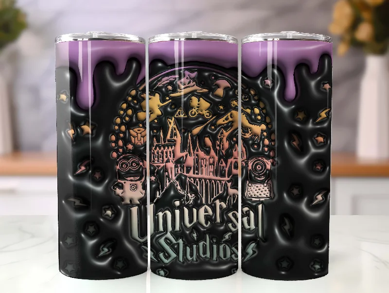 Eco-Friendly Drinkware 3D Inflated Universal Studios Tumbler Wrap, 20oz Skinny Tumbler, Cartoon 3D Inflated, Spooky Vibes Png, Halloween Png, 3D Magic Wizard Png