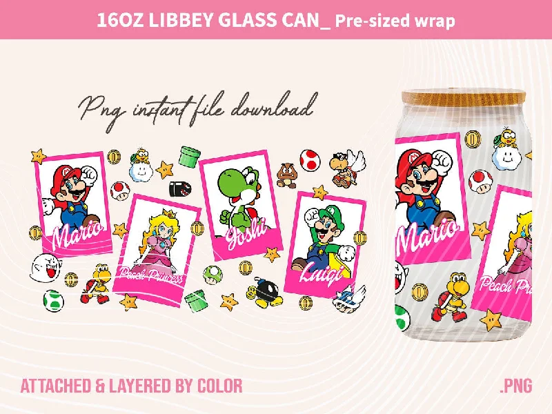 Sustainable Drinkware Discounts Movies Cartoon 16 Oz Libbey Glass Can Wrap Png Sublimation Digital Instant Download, Mario Libbey Png, Glass Cup, Coffee Cup, Glass Jar