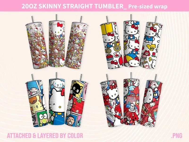 Drinkware Markdowns Bundle Hello Kitty Tumbler Wrap, Kitty Cartoon Tumbler, 20oz Straight Skinny Wrap, Pink Kitty Png, Pink Cat Tumbler Wrap, Png Sublimation Design