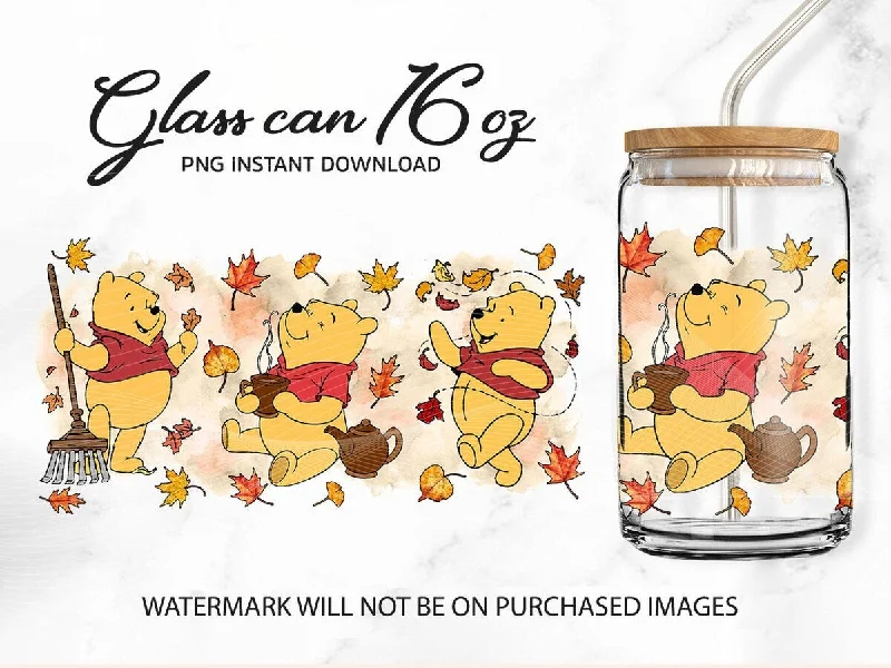 Glass Drinkware Fall Cartoon Can Glass Wrap, 16oz Libbey Glass Can, Fall Can Glass, Autumn Can Wrap, Fall Vibes Png, Fall Tumbler, Cute Bear Fall Can Glass