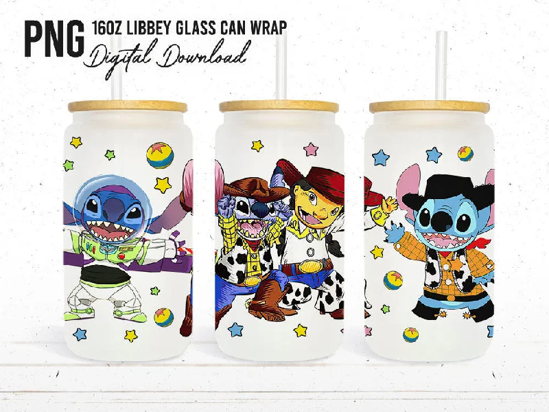 Insulated Drinkware Stitch 16oz Can Glass Wrap, Cartoon Libbey Glass Can Png, To Infinity And Beyond, You've Got A Friend In Me, Cartoon Tumbler Wrap