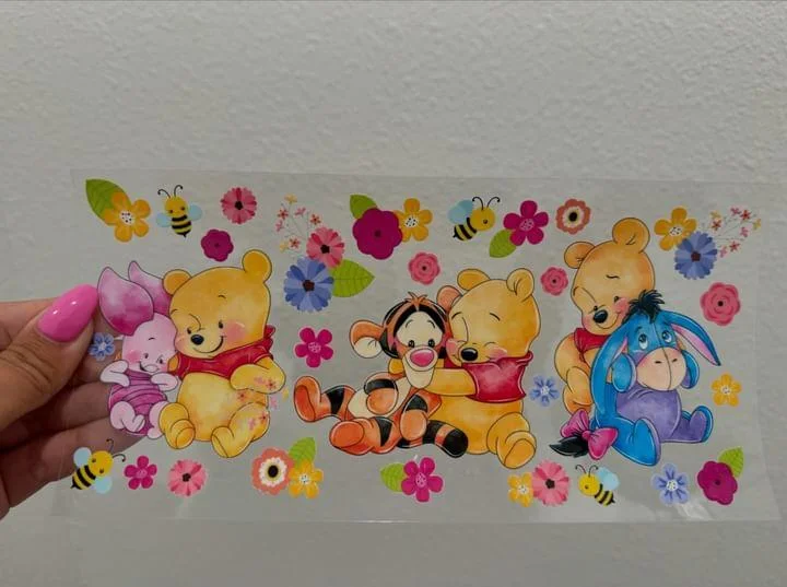 Sustainable Drinkware Disney Winnie the Pooh Baby Characters Hugging UV DTF Wrap Transfer 16oz | No Heat Needed | Waterproof | Permanent Adhesive