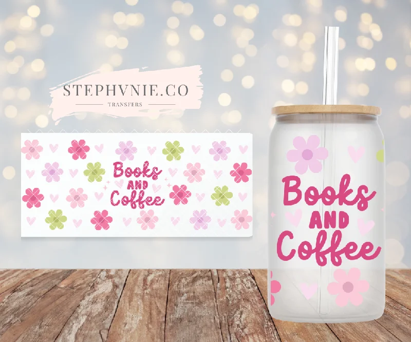 Modern Glass Drinkware Books & Coffee Daisy - 16oz Cup Wrap (Clear Film)