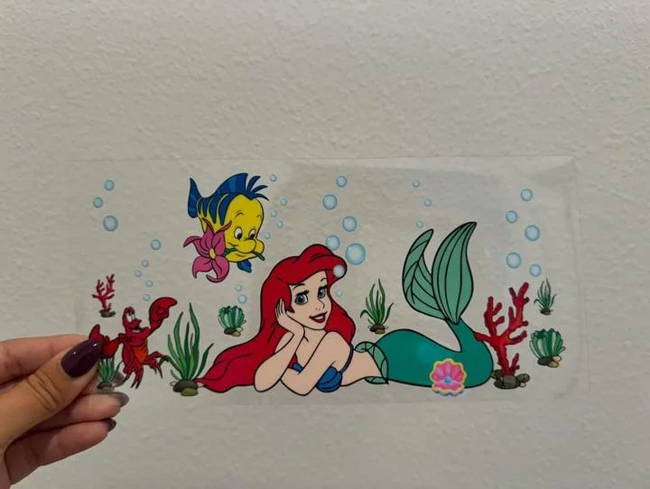 On-The-Go Drinkware Disney Little Mermaid Ariel Laying with Flounder Sebastian UV DTF Wrap Transfer 16oz | No Heat Needed | Waterproof | Permanent Adhesive