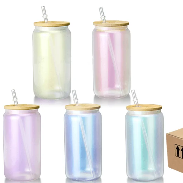Set Of Tumblers Case of 16oz Rainbow Glitter Sublimation Matte Beer Glass Can Tumbler
