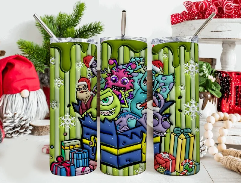 Unique Drinkware Gifts 3D Inflated Cartoon Christmas Tumbler Wrap, Monsters Inflated Tumbler Wrap, 20 Oz Tumbler Wrap, Merry Christmas, Monsters Christmas Wrap