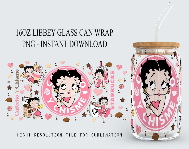 Drinkware Bundle Offer Cartoon 80s 16oz glass can wrap, 80s cartoons png, Betty glass can Png, Retro 80s cartoons tumbler wrap, Cafecito Y Chrisme