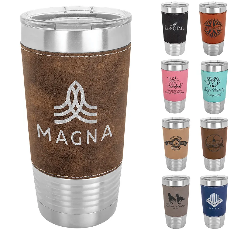 Glass Drinkware 20 oz Faux Leather Personalized Tumbler -Logo Laser Engraved Insulated Stainless Steel + Lid
