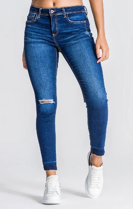 Vintage Charm Blue Jeans With Ripped Hem