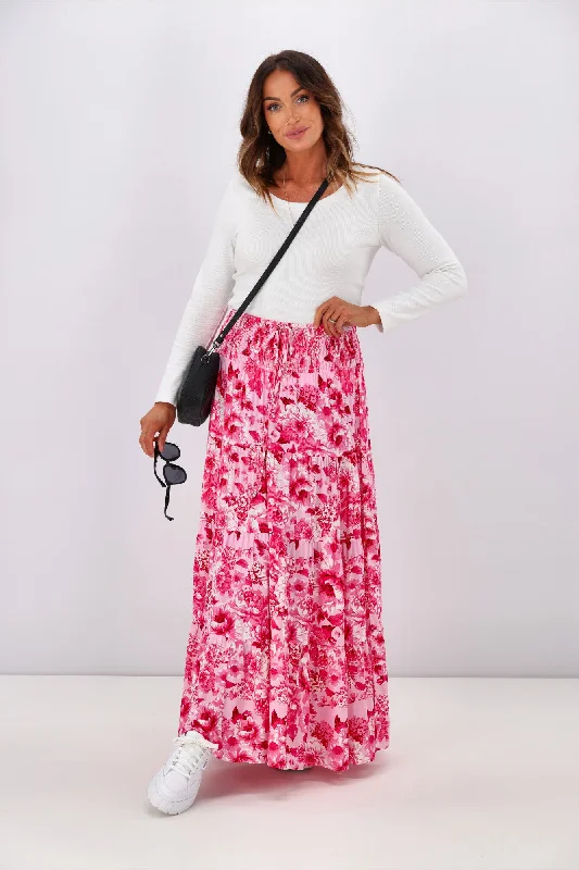 Style Upgrade New U Collection Pink Floral Maxi Skirt