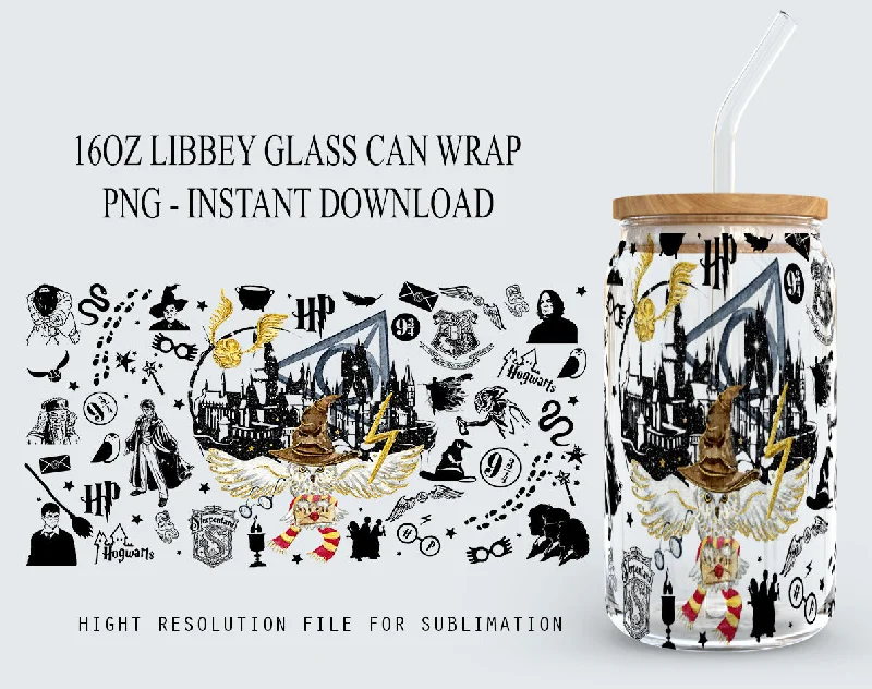 On-The-Go Drinkware Harry Potter Libbey Glass PNG, 16oz Can Glass PNG, Hogwarts Alumni, Magic Wand Symbol, Wizardy Houses