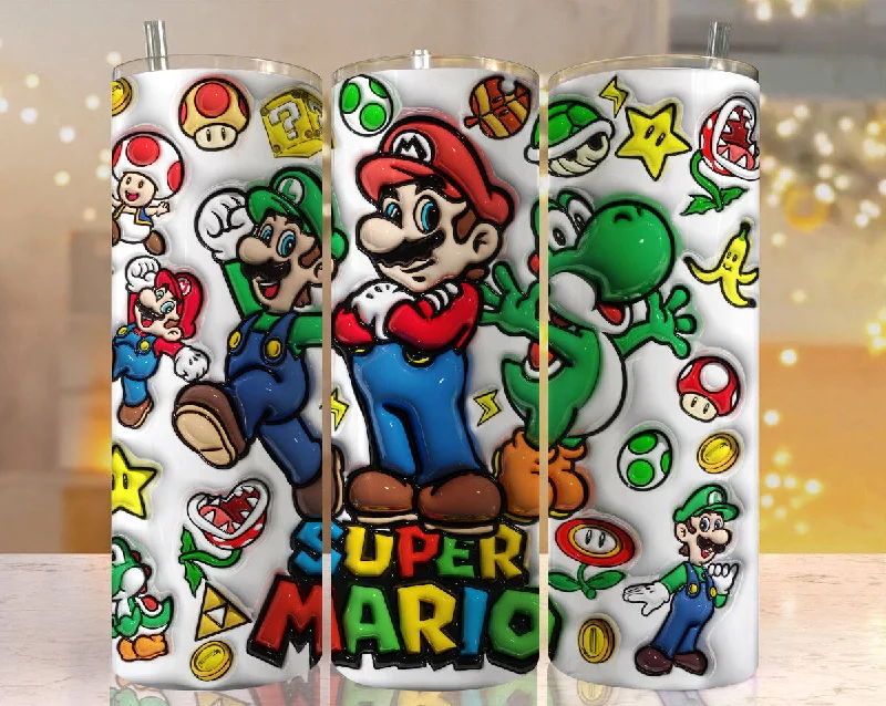 Insulated Travel Drinkware Inflated 3D Cartoon Tumbler PNG, Digital Game Tumbler Wraps 20oz Skinny Sublimation, 3D Puffy Design Sublimation, Supper Mario Tumbler