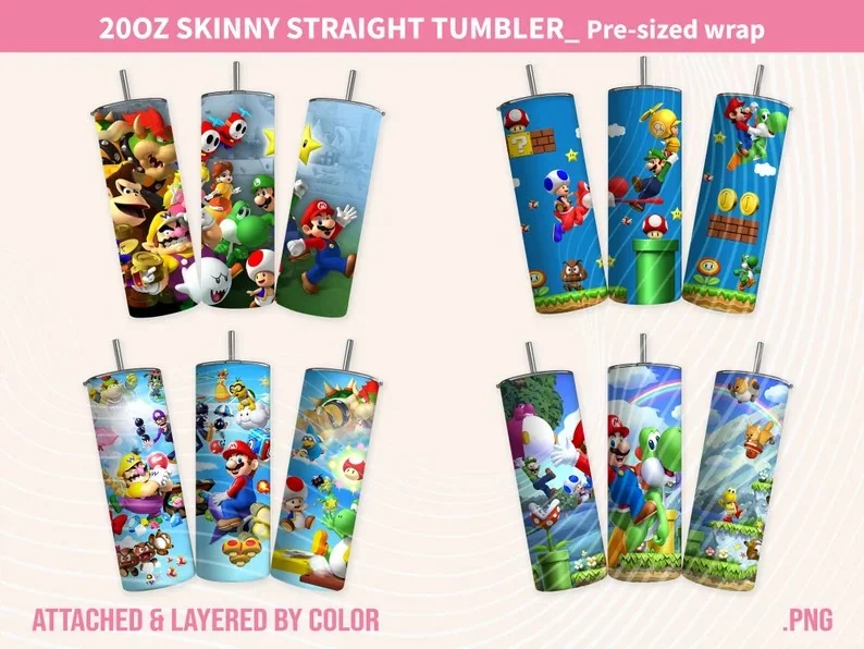 Modern Glass Drinkware Super Mario Tumbler Design, 20oz Skinny Tumbler Design, Super Mario Cup, Super Mario Sublimation