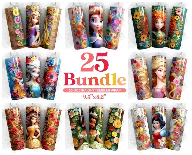 Drinkware Sets Discount Bundle 3d Cartoon princess Tumbler Design  Sublimation Designs Downloads, Digital download, 20 oz tumbler sublimations, Digital file
