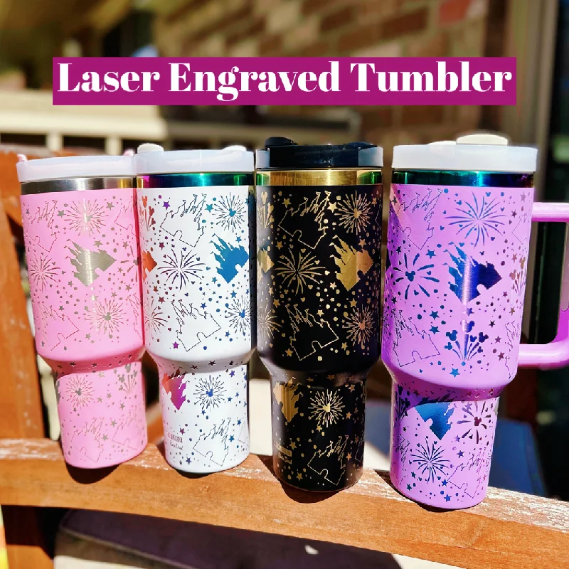 Drinkware Bundle Deal READY TO SHIP: Castle and Fireworks All Around Laser Engraved Tumblers on 40 oz Quencher Inspired Stainless Steel Tumbler