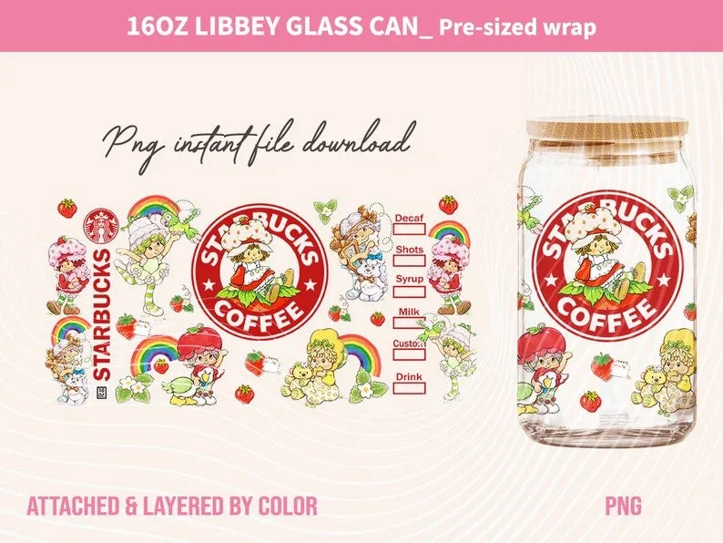 Insulated Drinkware Deals Retro Strawberry Can Glass, 16oz Can Glass Wrap Design PNG, Retro Cartoon 80s Tumbler, 80s cartoons png,Retro 80s cartoons Tumbler Wrap, Png