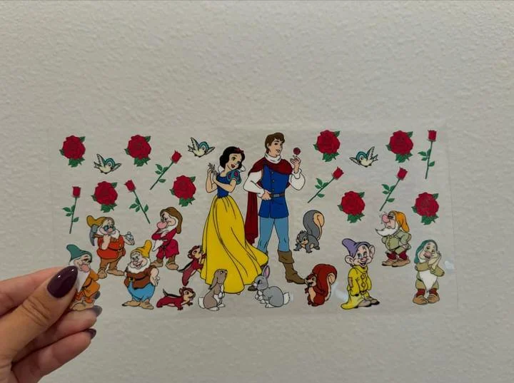 Luxury Drinkware Promotion Disney Snow White Prince Florian Flowers Dwarfs UV DTF Wrap Transfer 16oz | No Heat Needed | Waterproof | Permanent Adhesive