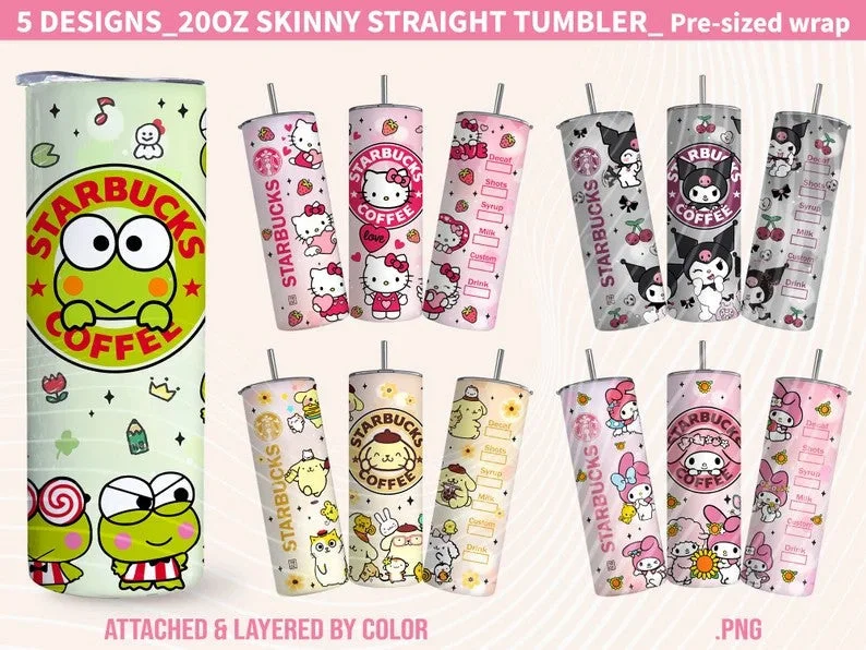 Personalized Cups Discount Bundle Hello Kitty Tumbler, Kitty Coffee, 20oz Straight Skinny Wrap, Cartoon Spring Flowers, Pink Cat Tumbler, 5 PNG FILES Png Sublimation Design