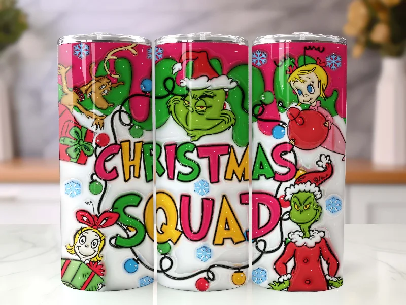 Unique Drinkware Gifts Inflated Pink  Christmas Tumbler Design Png, 3D Christmas Squad Tumbler Wraps 20oz Skinny Sublimation, Merry Grinchmas, Merry Christmas Wrap