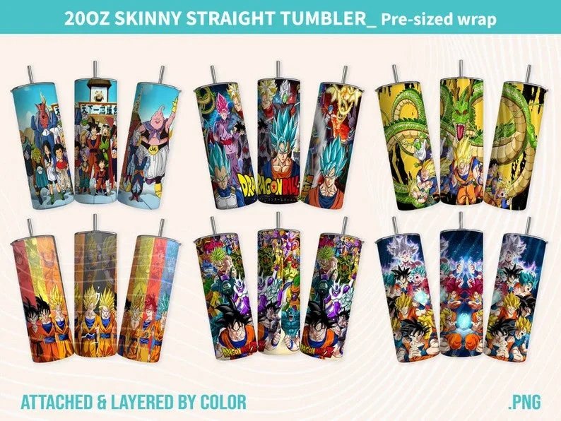 Drinkware Bundle Deal Bundle Dragon Ball Tumbler Wrap, Comic Tumbler, 20oz Skinny Straight, Goku Tumbler Wrap, Tumbler Sublimation, Anime Dragon Png, Png bundle, Png