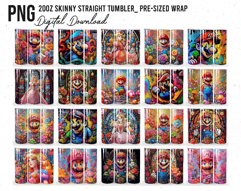Travel Drinkware Sale Big Bundle Mario Tumbler, Mario Tumbler 20oz, 20oz Skinny Tumbler, Cartoon Tumbler, Video Game Skinny Tumbler -FREE 24 Designs 20oz tumbler