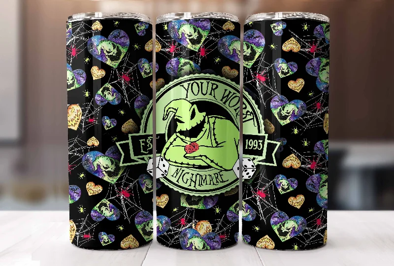 Decorative Glassware Cartoon Halloween Tumbler Wrap, 20oz Skinny Tumble Wrap, Scary Nightmare Tumbler Png, Your Worst Nightmare Est 1993, Boo Bash Wrap