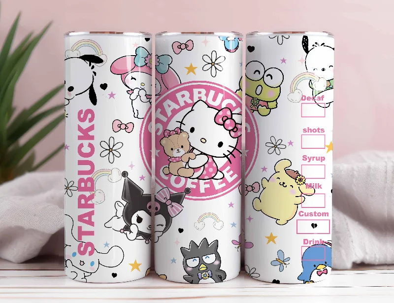Artistic Drinkware Kitty Coffee Tumbler PNG, Spring Flower Pink Cat PNG, 20oz Straight Skinny Wrap, Cartoon Tumbler, Tumbler Wrap, Full Tumbler Wrap