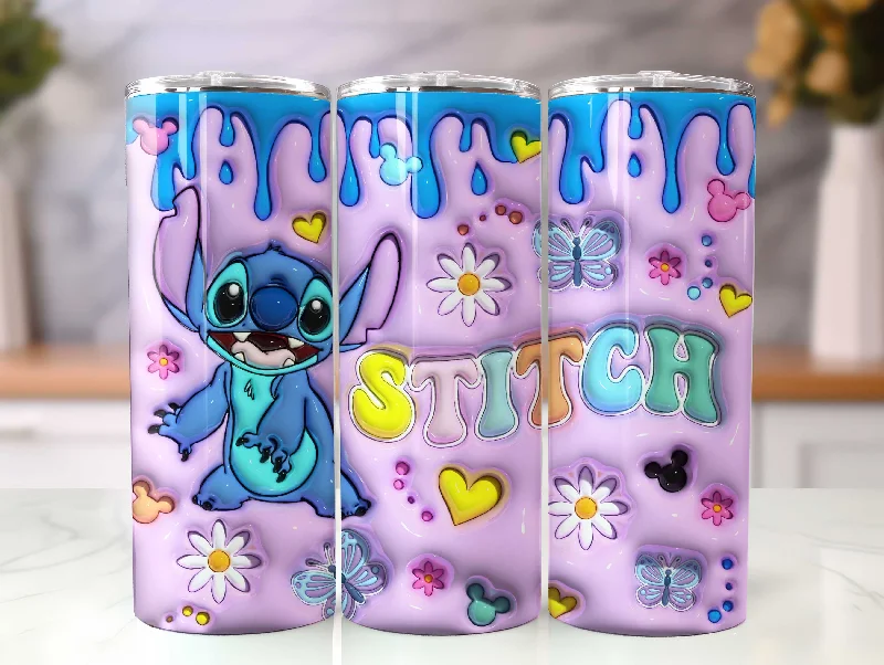 Durable Steel Drinkware Inflated Stitch Tumbler Design Png 3D Cartoon Tumbler Wraps 20oz Skinny Sublimation Digital Downloads 3D Puffy Cartoon Design Sublimation