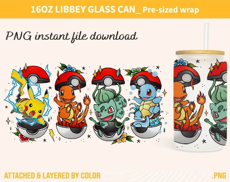 Tumblers Offer Pokemon Glass Can Wrap 16oz Glass Can Png, Pokemon Tumbler, Pokemon Cartoon Libbey Can Glass, 16oz PNG Digital Download, Can Glass Wrap Png