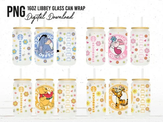 Limited-Time Drinkware Discounts Spring Bear 16oz Glass Can Wrap, 16oz Libbey Can Glass, Flower Cartoon Tumbler Wrap, Full Glass Can Wrap, Floral Cartoon Glass Can Png