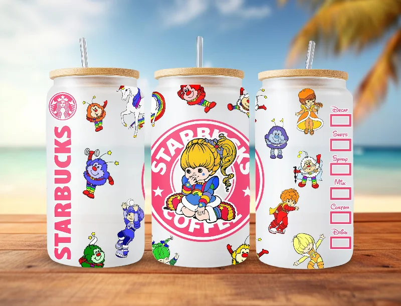 Tumbler Offers Cartoon 80s Can Glass, 80s cartoons png, rainbow girl Libbey Glass Can 16oz, rainbow brite Starbucks wrap, Retro 80s cartoons Tumbler Wrap