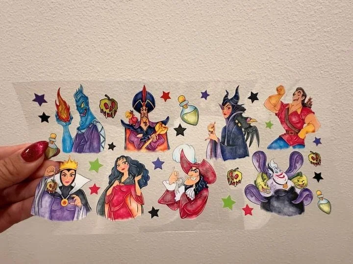 Drinkware Offers Disney Villains UV DTF Wrap Transfer 16oz | No Heat Needed | Waterproof | Permanent Adhesive