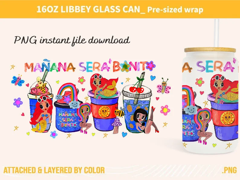 Drinkware Sets Karol New Mañana Será Bonito 16oz Sublimation Tumbler Wrap, Manana Sera Bonito Tumbler Wrap PNG, Karol G Tumbler Wrap, 16oz can glass wrap