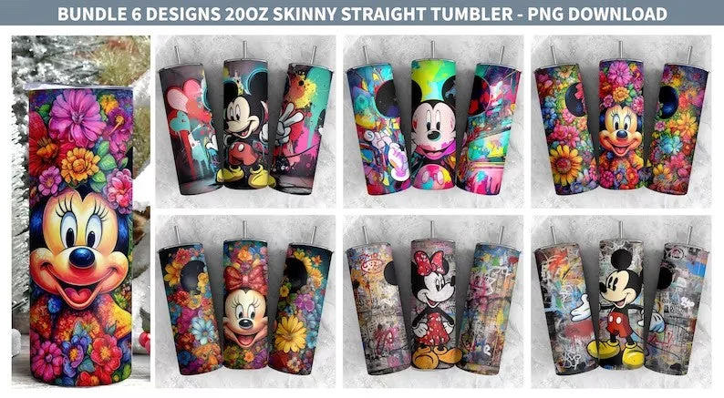Artistic Drinkware Bundle Cartoon Art Tumbler, 20oz Skinny Tumbler, Cartoon Tumbler, Mickey Minnie Tumbler, Full Tumbler Wrap, Png Instant Download