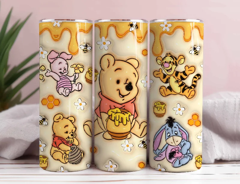 Tumbler Promotions Inflated 3D Cartoon Bear 20oz Skinny Tumbler PNG, Inflated 20oz Sunflowers Skinny Sublimation, 3D Puffy Pooh Bear Tumbler, Cartoon Tumbler