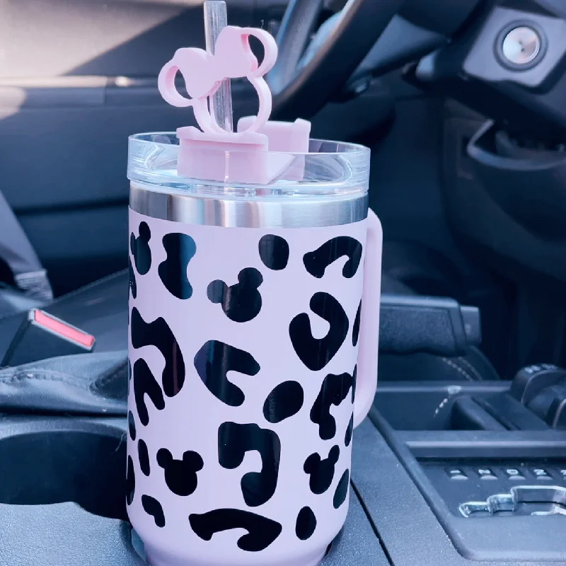 Glass Drinkware Leopard with Mouse Heads on 40 oz Quencher Inspired Stainless Steel Tumbler