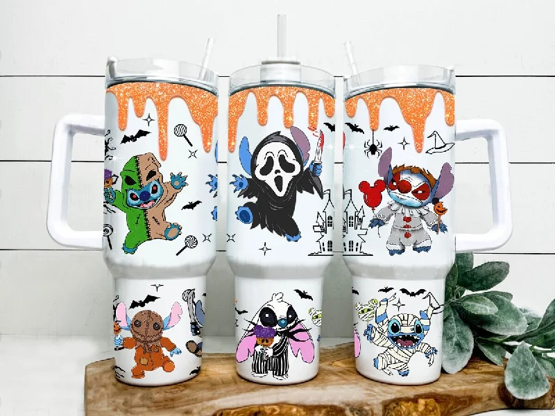 Reusable Drinkware Spooky Vibes Cartoon  40oz Tumbler Wrap, 40oz Stitch Tumbler, 40oz Halloween Tumbler, Halloween Sublimation, Cartoon Halloween Wrap, Horror