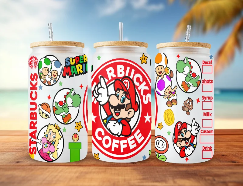Portable Bottles Sale Super Mario Starbucks Coffee 16oz Skinny Can Glass PNG, The Super Mario Bros 2024 Movie Tumbler Template PNG Sublimation