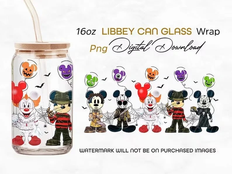Eco-Conscious Drinkware Mickey Horror png, Mickey Horror 16oz Libbey can Glass, Horror characters full glass can wrap, funny horror tumbler wrap, horror sublimation