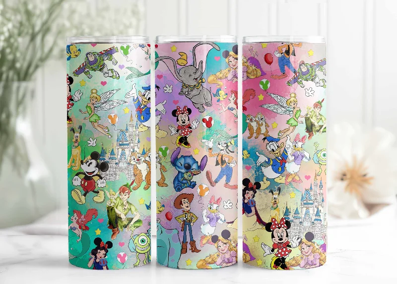 Holiday Drinkware Sale Disney Tumbler - Gifts for Kids, Birthday Joy with Cute Disney Cup featuring Pastel Disney Princesses (Lilo and Stitch, Tangled) - 20oz Skinny Tumbler with Lid and Straw