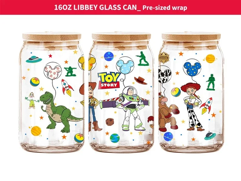 Drinkware Sale Toy Story Tumbler Wrap, 16oz Glass Can Wrap, Libbey Can Glass, Toy Story Balloons, Full Glass Can Wrap, Cartoon Tumbler