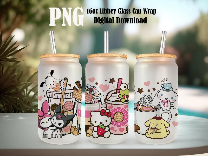 Sustainable Drinkware Discounts Kitty and Friends Pink Cat PNG, 16oz Glass Can Wrap, 16oz Libbey Can Glass, Tumbler Wrap, Full Glass Can Wrap, Cartoon Tumbler