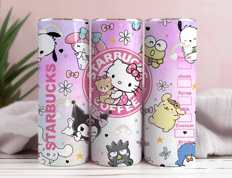 Portable Drinkware Hello Kitty Coffee Tumbler PNG, Spring Flower Pink Cat PNG, 20oz Straight Skinny Wrap, Cartoon Tumbler, Tumbler Wrap, Full Tumbler Wrap