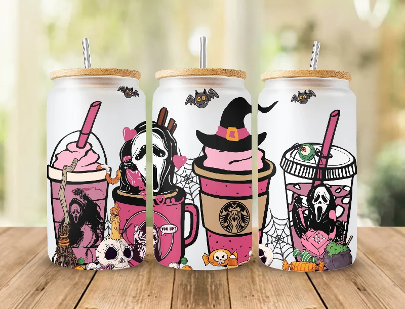 Thoughtful Drinkware Gifts Horror Characters Halloween 16oz libbey can Cartoon PNG, 16oz Glass Can Wrap, 16oz Libbey Can Glass, Horror Tumbler Wrap,Full Glass Can Wrap