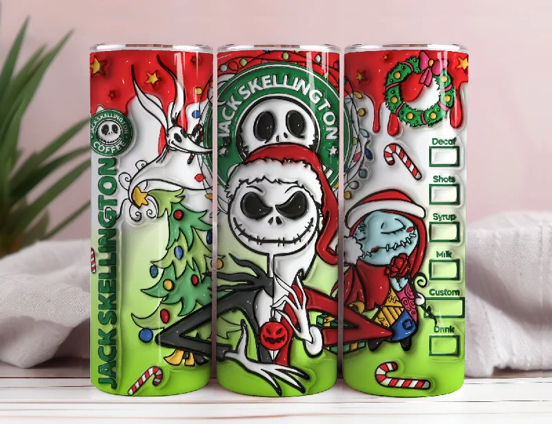 Holiday Drinkware 3D Inflated Jack Skellington Tumbler Wrap, Christmas Tumbler PNG, 20oz Skinny Tumbler, Nightmare Befere Christmas
