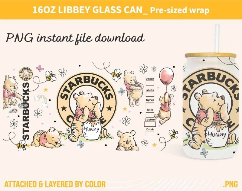 Artistic Drinkware Pooh 16oz Coffee Wrap, Pooh Tumbler Wrap, Spring Tumbler, 16oz Libbey Can Glass, Cartoon Tumbler, Cartoon Tumbler,Full Tumbler Wrap Download