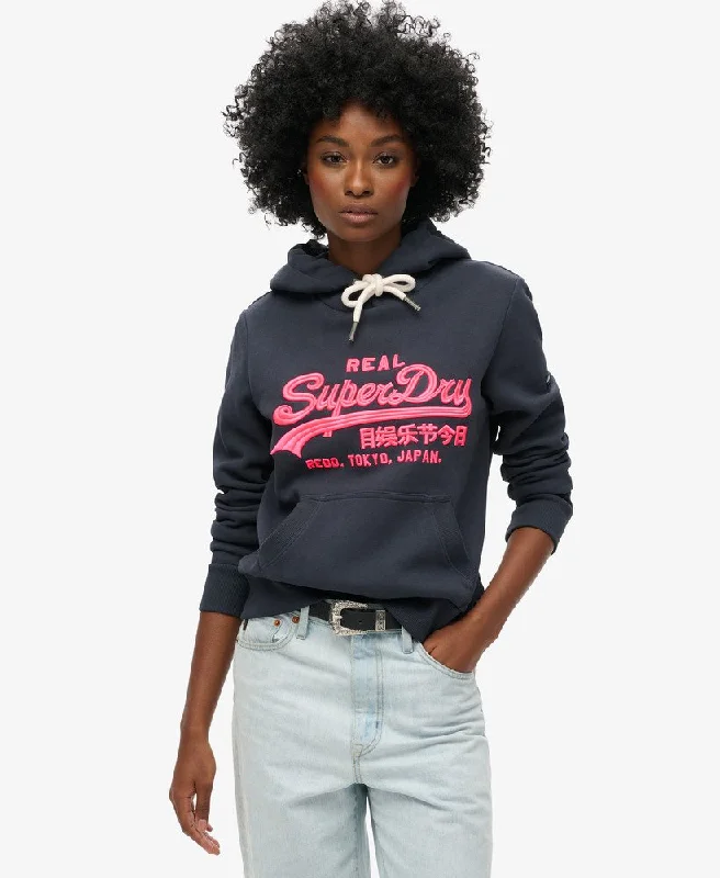 Y2K Nostalgic Fashion Look Neon Vl Emb Graphic Hoodie | Eclipse Navy