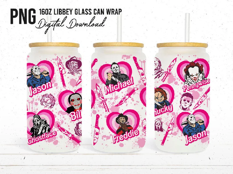 Premium Steel Tumblers Pink Horror Tumbler Wrap Png, 40oz Cartoon Tumbler, 16oz Can Glass, Halloween Sublimation, Horror Movie, Horror Characters, Png Download