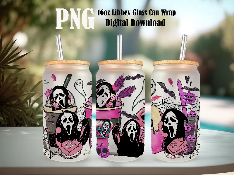 Discounted Drinkware Pink Horror 16oz Glass Can Png, No You Hang Up Png, Ghost Face Halloween Coffee, Fall Coffee, Spooky Season Png