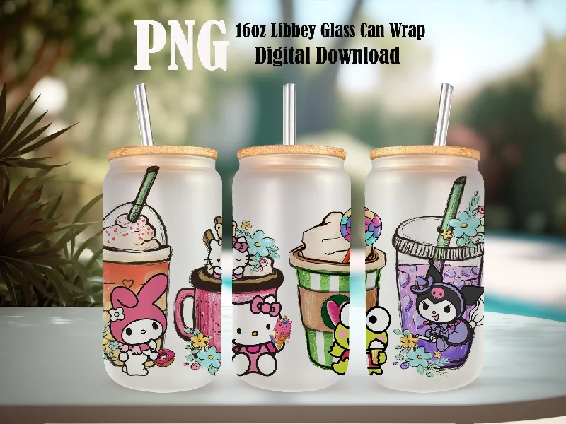 Insulated Mugs Discount Kitty and Friends Pink Cat PNG, 16oz Glass Can Wrap, 16oz Libbey Can Glass, Tumbler Wrap, Full Glass Can Wrap, Cartoon Tumbler